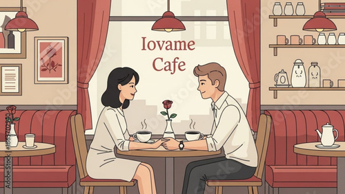 Couple sitting at a table in a cozy cafe, enjoying coffee and conversation, romantic atmosphere with red booths and warm lighting with date and love