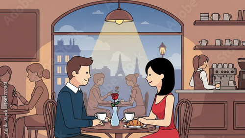 Romantic couple on date in cozy cafe with city view, enjoying coffee and dessert together with restaurant and interior and people and eating