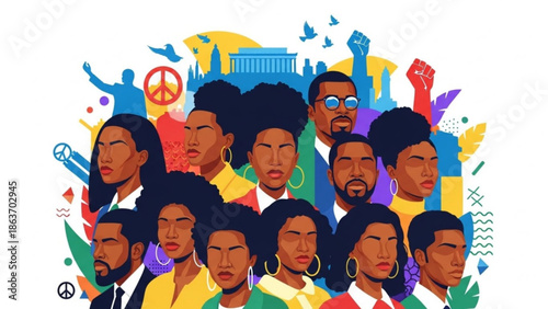 Diverse group of people with peace signs and fists raised in solidarity, illustration of multicultural crowd with cityscape and birds in background, symbolizing unity