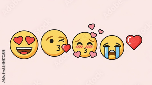 A set of four cute love emojis with hearts on a pink background, expressing love and affection through various emoticons with expression and feelings