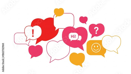 Colorful heart shaped speech bubbles with various expressions on white background for communication and social media concepts with conversation