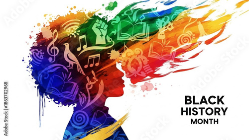 Vibrant black history month illustration with rainbow colored silhouette of a person's head filled with symbols of music, books, and empowerment on white background