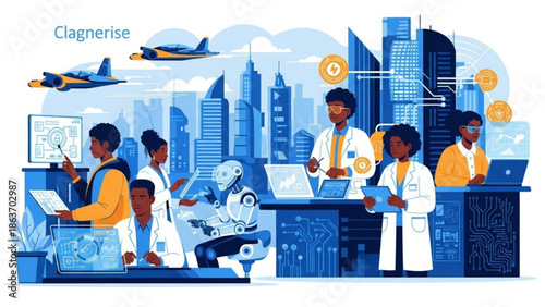 Diverse group of people working with technology and robot in modern cityscape with airplanes flying overhead and laptops on desk with innovation