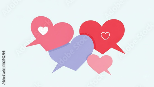 Colorful heart speech bubbles in pink, red, and purple, symbolizing love and conversation on social media platforms and online communication