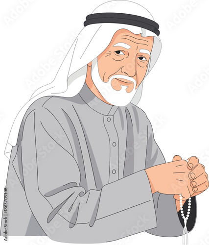 Illustration of an elderly Arab man with a white beard wearing traditional attire and holding prayer beads.