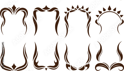 Eight decorative brown frame outlines with various intricate and pointed tops