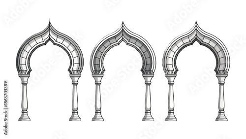 Exquisite Archway Trio: A captivating perspective showcasing three ornate archways in a row, with each element meticulously crafted, demonstrating the beauty of architectural detail. 