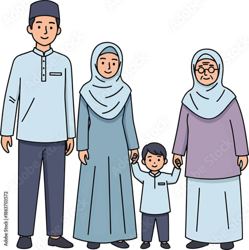 A Muslim family consisting of a father, mother, son, and grandmother standing together, all dressed in traditional Islamic attire.