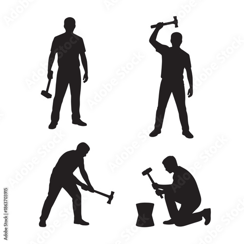 Four black silhouettes of men using hammers in different positions on a white background