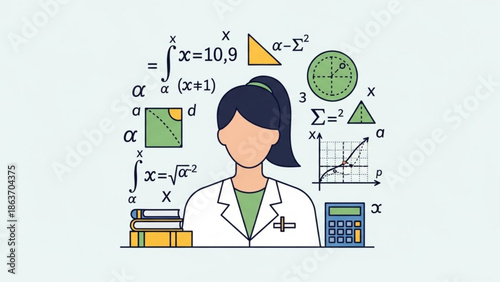 Female Mathematician Surrounded by Mathematical Equations and Shapes