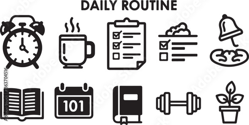 A daily routine illustration with various icons and symbols
