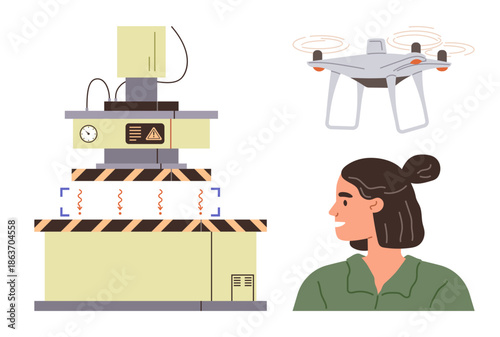Industrial development, automation, robotics, engineering, quadcopter inspection, innovation. A machine with hazard signs, a hovering Quadcopter and a woman in profile. Automation and engineering