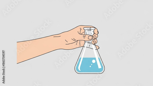 Hand Holding Erlenmeyer Flask with Blue Liquid, Laboratory Equipment, Isolated on White Background