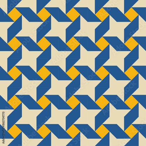 Seamless geometric pinwheel pattern with rotating triangle shapes in blue and yellow creating modern abstract background for textile, fabric, packaging, wallpaper and surface design