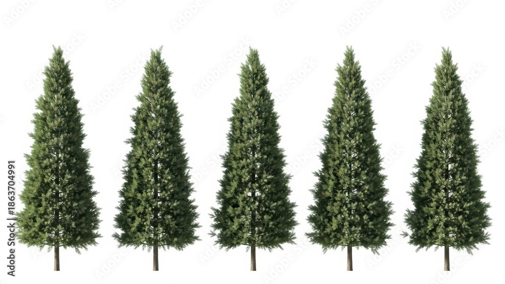 Obraz premium Row of Lush Green Evergreen Trees Isolated on White, Nature Background
