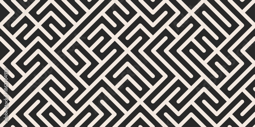 Seamless geometric maze pattern with interlocking angular lines in black and white creating abstract labyrinth background for surface design, wallpaper, textile, packaging and modern graphic use