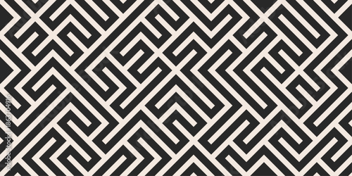 Seamless geometric maze pattern with interlocking angular lines in black and white creating abstract labyrinth background for surface design, wallpaper, textile, packaging and modern graphic use