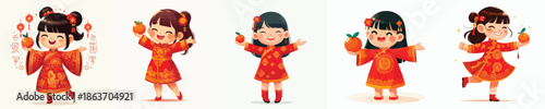vector of a little girl holding an orange celebrating Chinese New Year