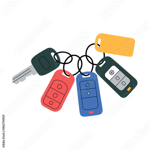 Assorted color key fobs and a metal car key hang linked together on a ring.