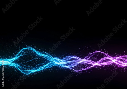 Abstract visualization of a glowing blue and purple energy field flowing dynamically across a dark space, representing technology and power, blue, background, purple