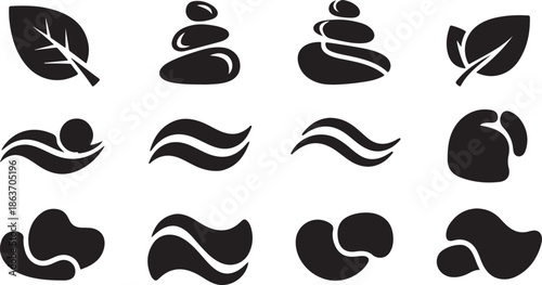 A collection of black and white spa and wellness icons