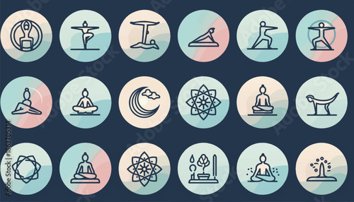 Yoga and Meditation Icons Set - Pastel Tones Calm Clean Vector Illustration