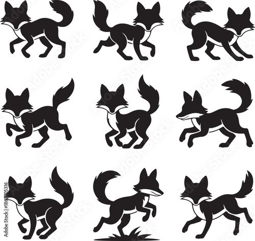 black silhouette fox poses and movements