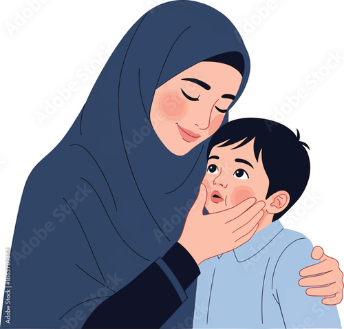 A loving mother wearing a hijab gently cradles her young son's face, both sharing a tender moment of affection and care.