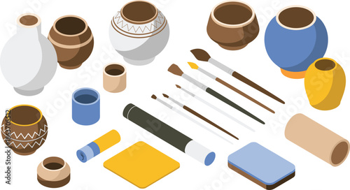 Isometric pottery tools and ceramic vessels illustration, clay jars, paint brushes and art supplies, handmade craft workshop design set