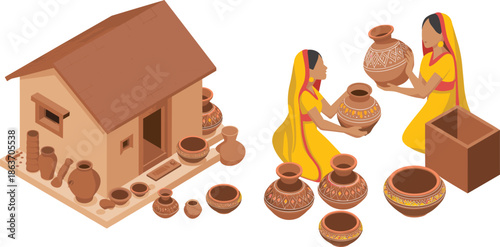 Isometric pottery village illustration, rural women crafting traditional clay pots, handmade earthenware production, cultural heritage artisan lifestyle scene