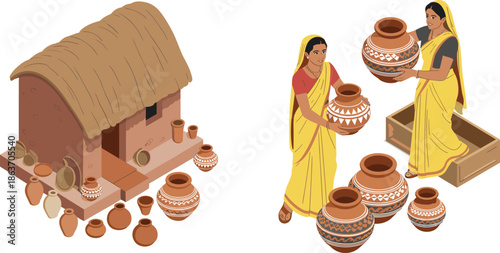 Isometric pottery village illustration, rural women crafting traditional clay pots, handmade earthenware production, cultural heritage artisan lifestyle scene