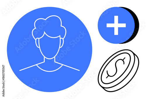 User profile icon. User profile icon accompanied by a dollar coin and add symbol to account creation, financial transactions, and user management. For apps, websites, fintech services, account