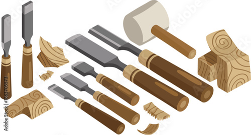 Isometric woodworking tools illustration, chisels mallet and carved wood pieces, carpenter hand tools set, craft workshop equipment design