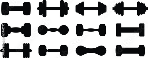 Set of dumbbell gym icons, collection of fitness weight training symbols, group of flat vector illustrations, add barbell, workout, exercise, strength equipment, black icon