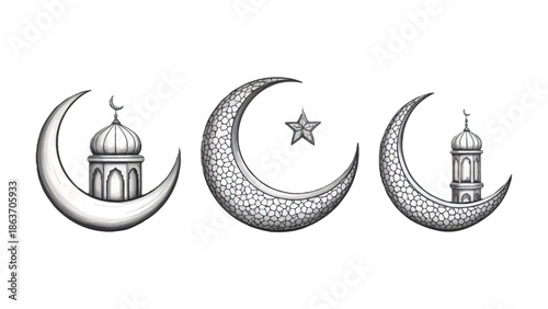 Islamic Symbolism: Depicting three crescent moons with cultural symbols; each representing faith, spirituality, and reflection.
