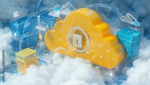 A vibrant digital illustration of a secure cloud storage system with a large yellow cloud and a padlock in the center, surrounded by smaller blue and yellow buildings and clouds.