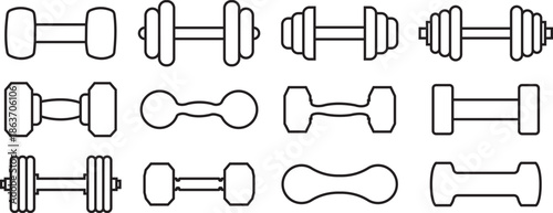 Set of dumbbell gym icons, collection of fitness weight training symbols, group of line vector illustrations, add barbell, workout, exercise, strength equipment, black icon