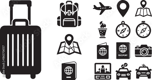 A collection of travel icons on a white background