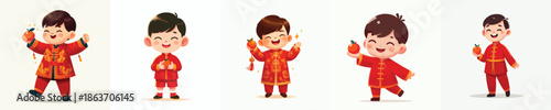 vector of a little boy holding an orange celebrating Chinese New Year