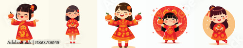 vector of a little girl holding an orange celebrating Chinese New Year
