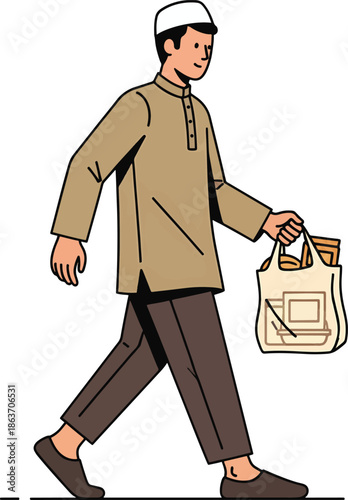 An illustration of a man wearing traditional Muslim attire, walking and carrying a reusable shopping bag.