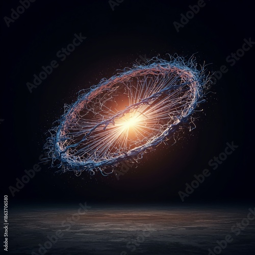 Conceptual representation of invisible attractive force pulling matter into a central nexus point, distorting the spatial field dynamics, nonlinear, influence, structure