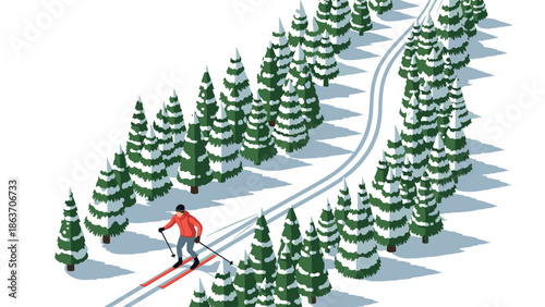 Isometric winter landscape with skier on snowy trail among pine trees