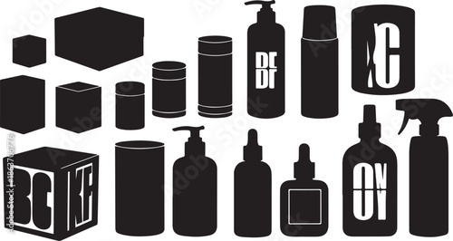 A collection of black silhouettes of cosmetic products and containers