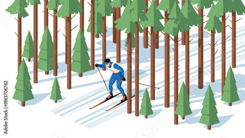 Winter adventure: cross-country skier navigating forest path in isometric style