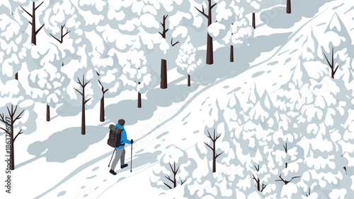 Winter hiker in snowy forest scene with mountain trail and pine trees