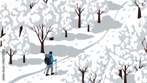 Winter hiker in snowy forest landscape illustration with man and tree silhouettes