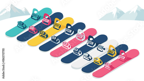Colorful snowboards with bindings on mountain background in isometric style