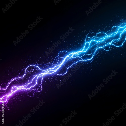 Dynamic abstract image showing vibrant blue and purple electrical energy flowing across a dark background, creating artistic light patterns, flow, blue, physics