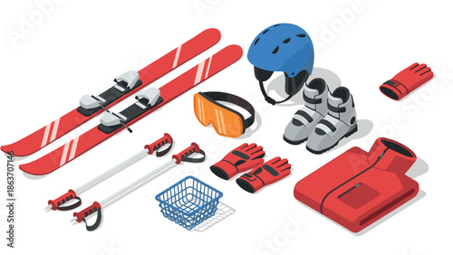 Isometric winter sports equipment: ski gear and accessories for enthusiasts